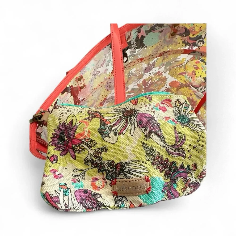 Sakroots Clear Koi Tote Shoulder Purse Coral BeachPool Bag w/Makeup Wallet‎